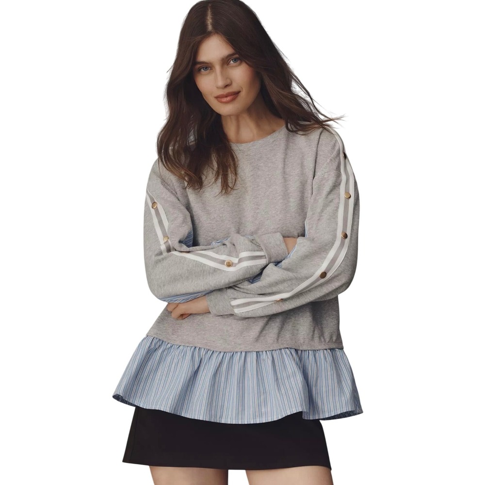 Maeve Anthropologie Mixed Media Peplum Sweatshirt Grey Blue Stripe Snaps Small
